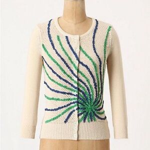 Anthropologie Elegant Cream Cardigan with Green and Blue Swirl